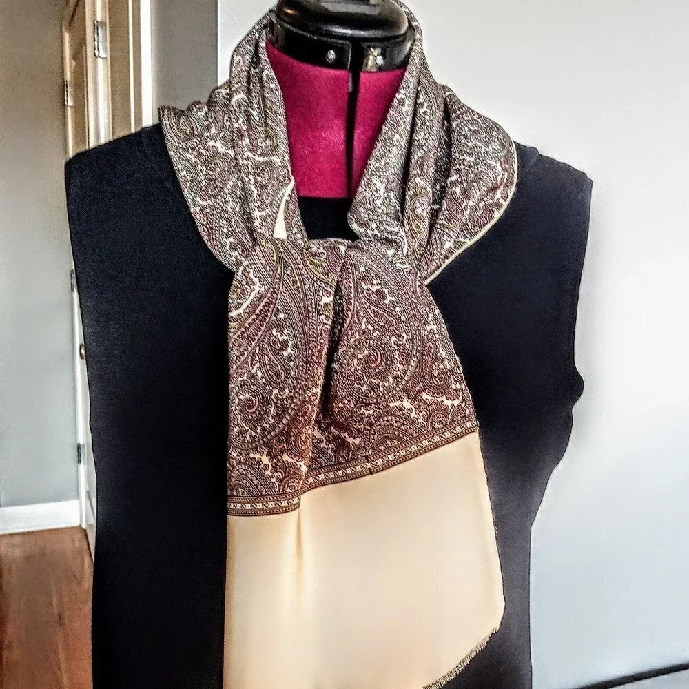 Vintage Pastel Paisley Silk Fringed Oblong Scarf